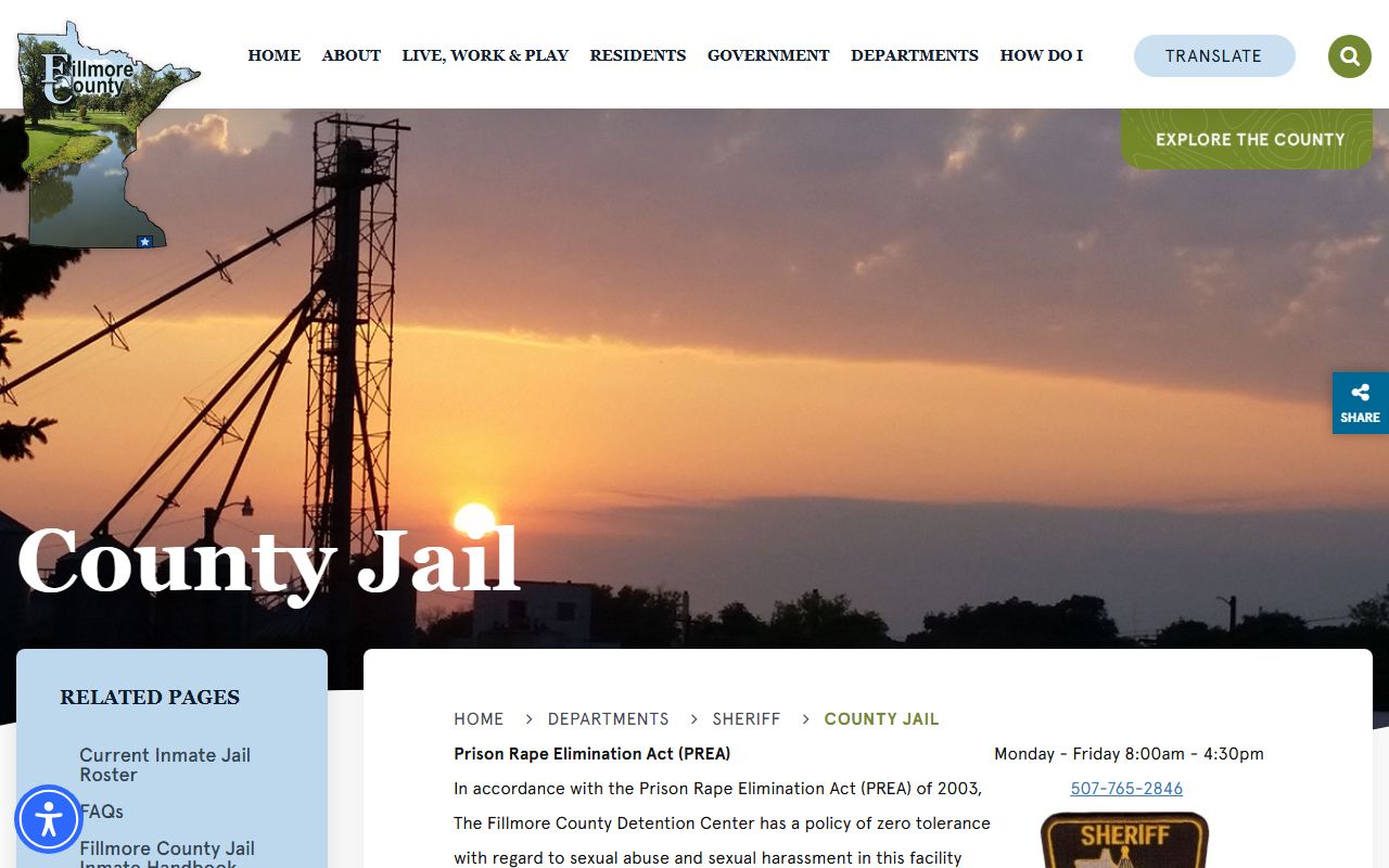 Fillmore County Jail inmate lookup facility page