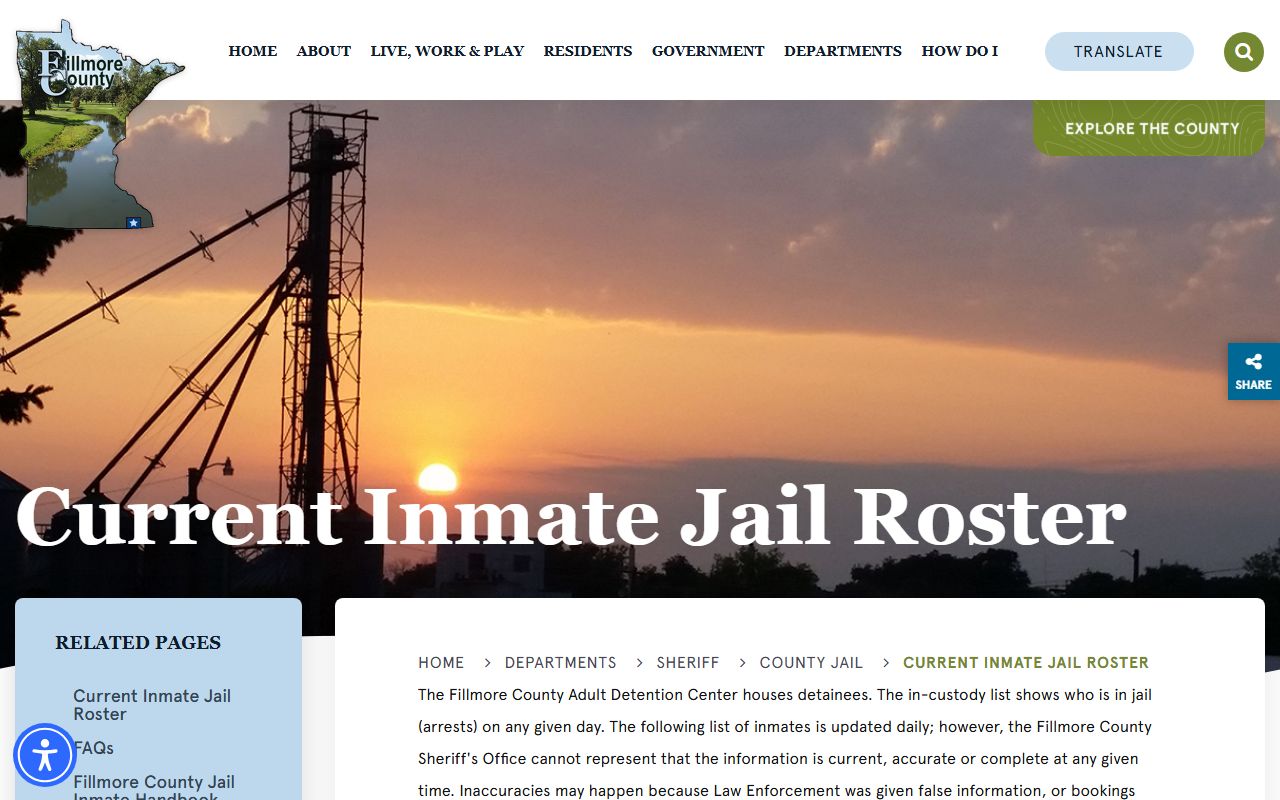 Fillmore County inmate records roster landing page