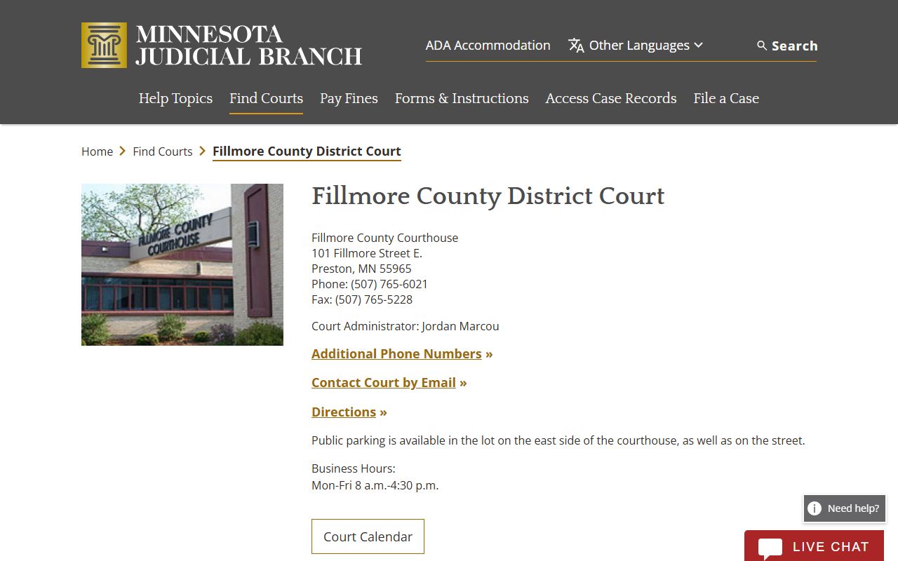Fillmore County District Court court records after arrest contact page